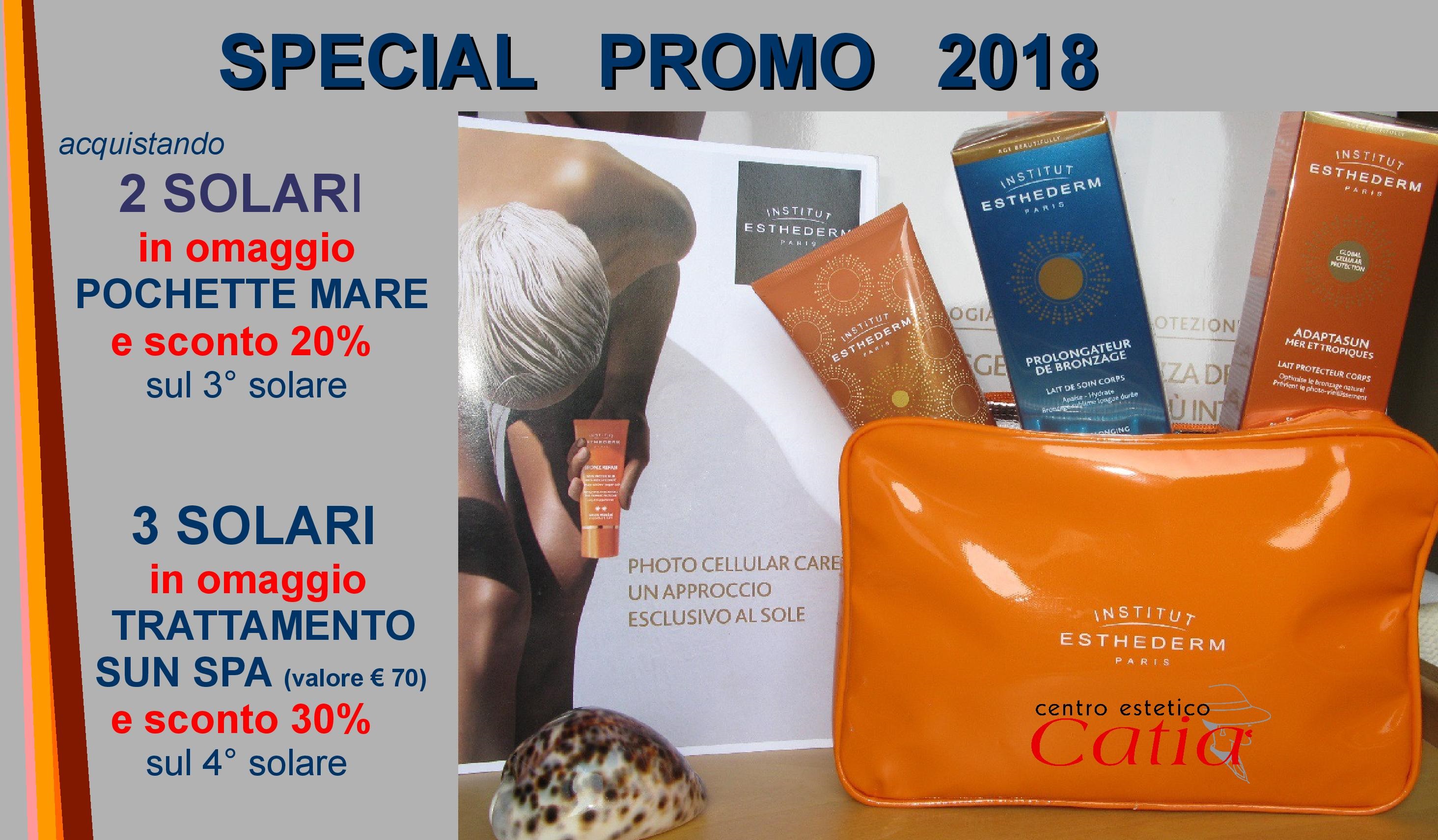 special promo 2018 acquistando 2 solari in omaggio pochette mare e sconto 20% sul terzo solare. 3 solari in omaggio trattamento sun spa dal valore di 70 euro e sconto 30 percento sul quarto solare